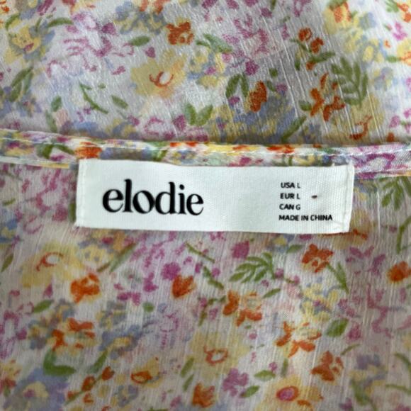 Elodie White Multi Floral Sheer Ruched Front Tie Surplice Mini Dress Large NWOT - Picture 4 of 16